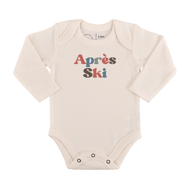 Long sleeve graphic bodysuit for babies, featuring an apres ski design, perfect for winter outings.