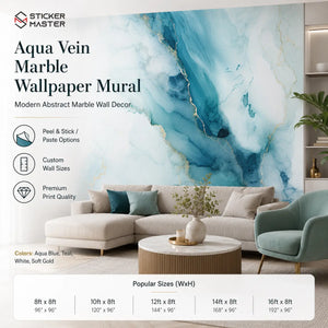 Aqua Vein Marble Wallpaper Mural / Abstract Teal Gold Wall Decor by Sticker Master