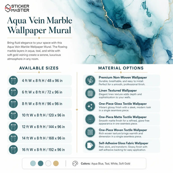 Aqua Vein Marble Wallpaper Mural / Abstract Teal Gold Wall Decor by Sticker Master