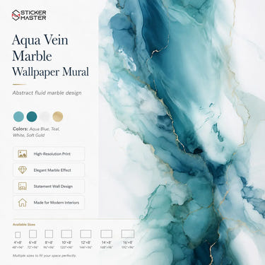 Aqua Vein Marble Wallpaper Mural / Abstract Teal Gold Wall Decor by Sticker Master
