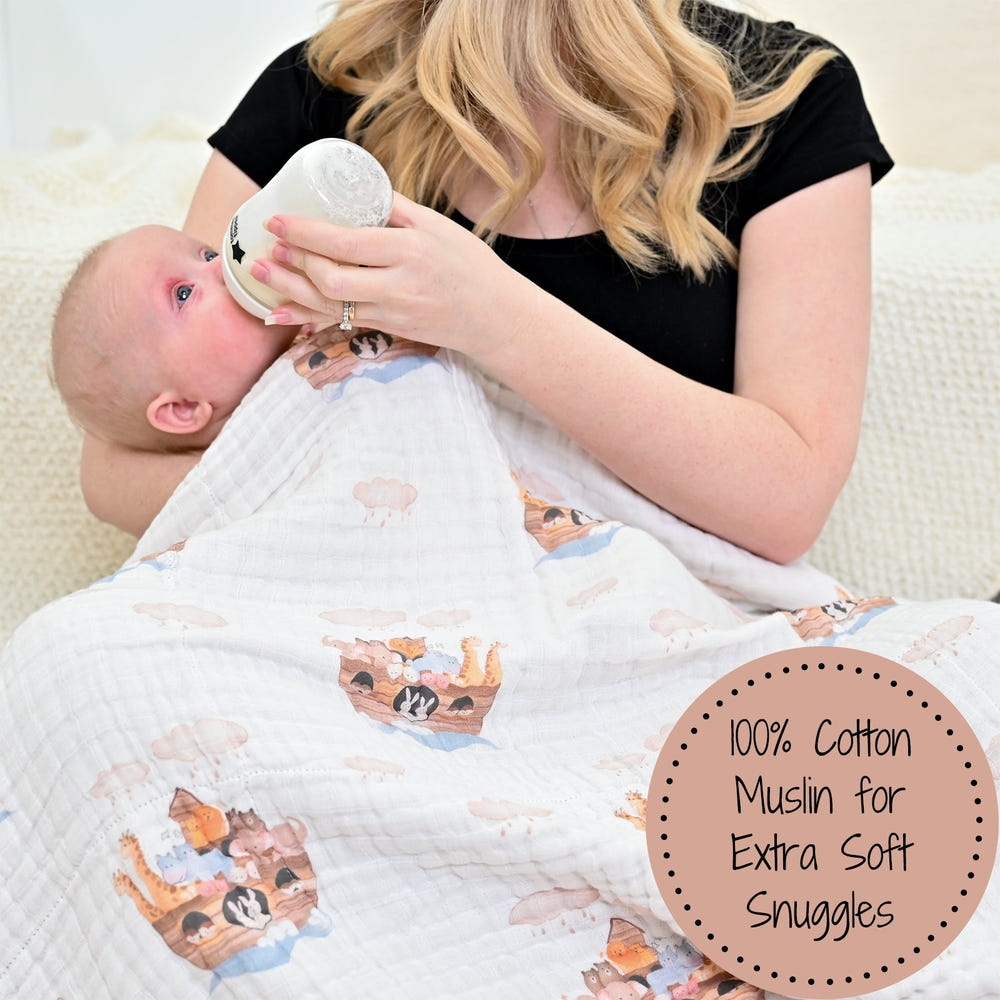 LollyBanks 100% Cotton Muslin Baby Blanket, 47"x47", 6 Layers, Noah's Ark Pattern, Lightweight Newborn Quilt.