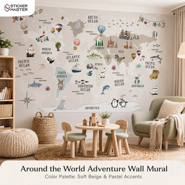 Around the World Adventure Wall Mural for Kids & Nursery by Sticker Master