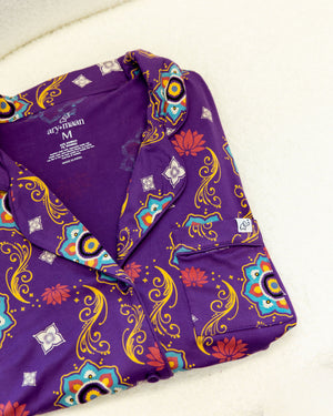 Adult Long Sleeve Button-Down Top – Purple Rangoli
