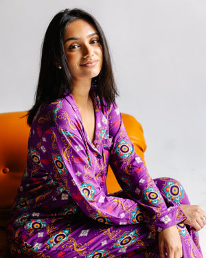 Adult Long Sleeve Button-Down Top – Purple Rangoli