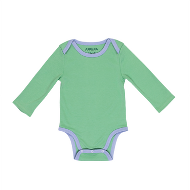 Grass green long sleeve bodysuit with blue accents for babies, perfect for comfort and style.