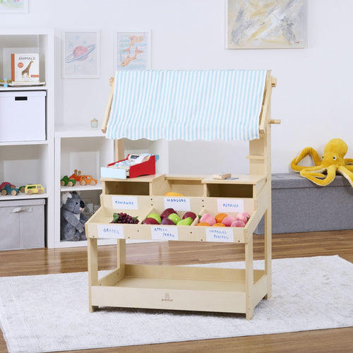Cypress Wooden Market Stand for kids, perfect for pretend play and indoor storage, shown from angle 2.