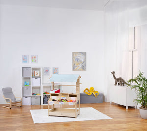 Cypress Wooden Market Stand for kids' pretend play, featuring storage, viewed from angle 14.