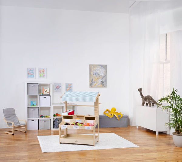 Cypress Wooden Market Stand for kids' pretend play, featuring storage, viewed from angle 14.