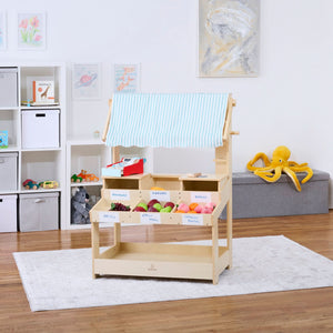 Cypress Wooden Market Stand for kids' pretend play, featuring storage, viewed from angle 10.