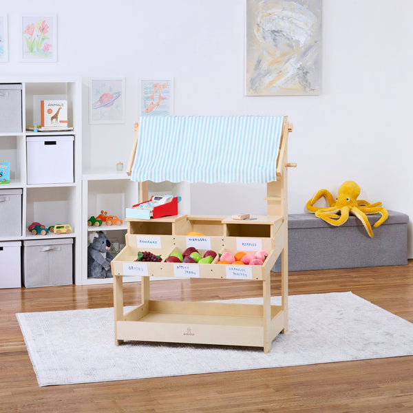 Cypress Wooden Market Stand for kids' pretend play, featuring storage, viewed from angle 10.