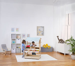 Cypress Wooden Market Stand for kids, perfect for pretend play and storage, shown at angle 17.