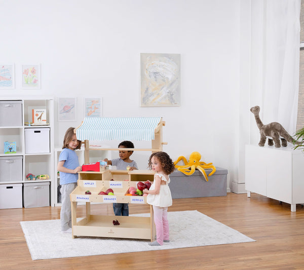 Cypress Wooden Market Stand for kids, perfect for pretend play with storage, viewed from angle 18.