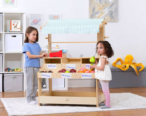 Cypress Wooden Market Stand for kids - pretend play shop with storage for indoor fun.