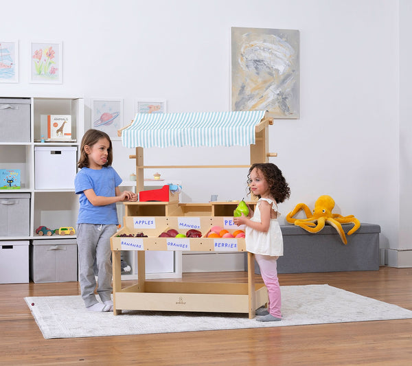 Cypress Wooden Market Stand for kids - pretend play shop with storage, perfect for indoor imaginative play.