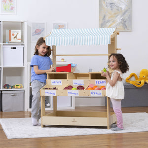 Cypress Wooden Market Stand for kids, perfect for pretend play and indoor storage, shown from angle 9.