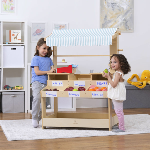 Cypress Wooden Market Stand for kids, perfect for pretend play and indoor storage, shown from angle 9.