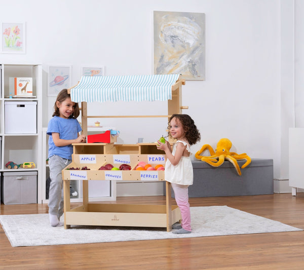 Cypress Wooden Market Stand for kids, perfect for pretend play and indoor storage, shown from angle 11.