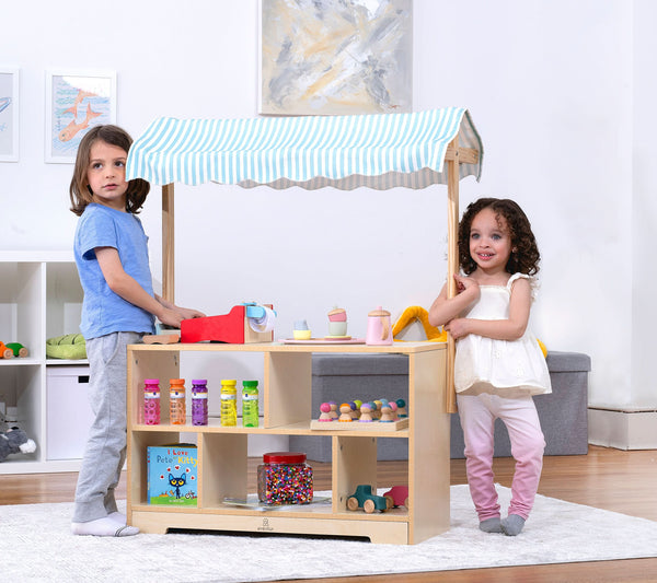 Holly Wooden Market Stand for kids – indoor pretend play shop and display shelf, angle view 2.