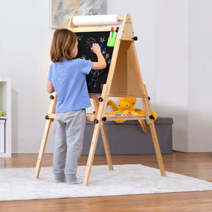 Foldable kids easel at angle 5, featuring 3 adjustable heights for drawing and painting indoors.