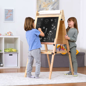 Foldable kids easel at angle 6, featuring 3 adjustable heights for drawing and painting indoors.