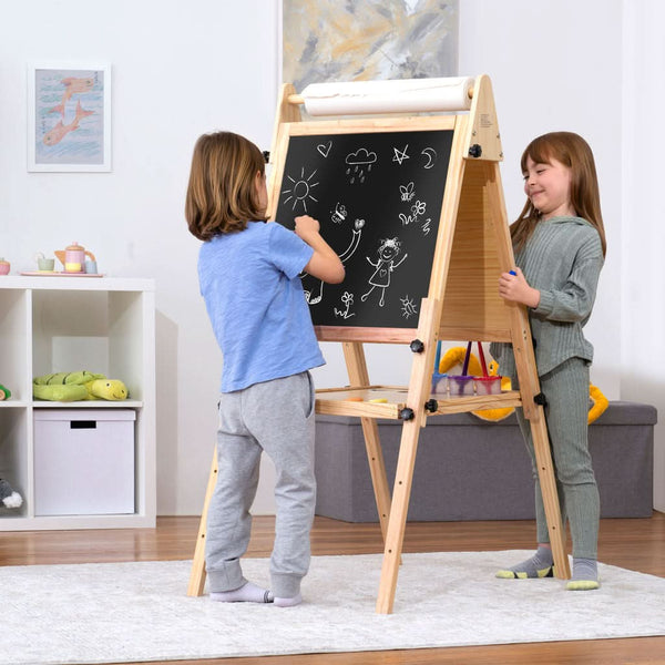 Foldable kids easel at angle 6, featuring 3 adjustable heights for drawing and painting indoors.