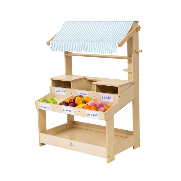 Cypress Wooden Market Stand for kids' pretend play, featuring storage and a charming design for indoor fun.