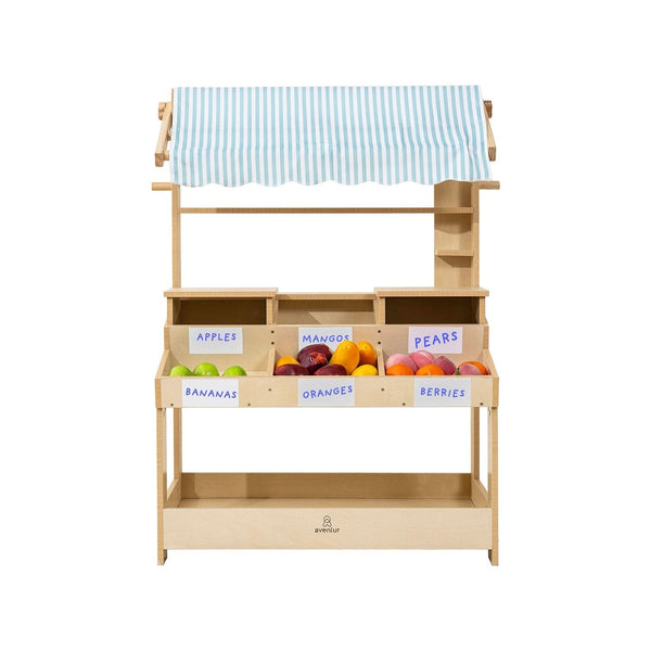 Cypress Wooden Market Stand for kids' pretend play, featuring storage, perfect for indoor imaginative play.