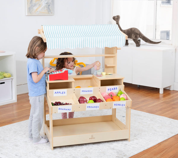 Cypress Wooden Market Stand for kids, perfect for pretend play and indoor storage, shown at a 20-degree angle.