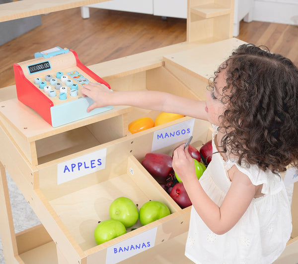 Cypress Wooden Market Stand for kids' pretend play, featuring storage, perfect for indoor fun and creativity.