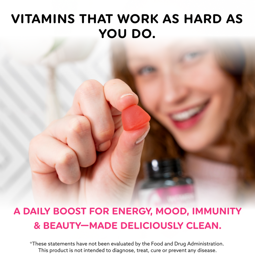 Women's multivitamin gummies in strawberry, cherry, and raspberry flavors for health-conscious moms.