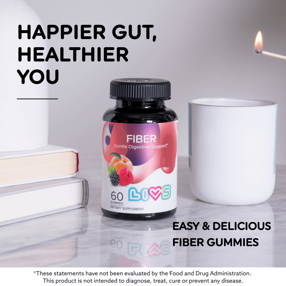 Fiber supplement featuring apricot, strawberry, and blackberry flavors in a vibrant packaging.