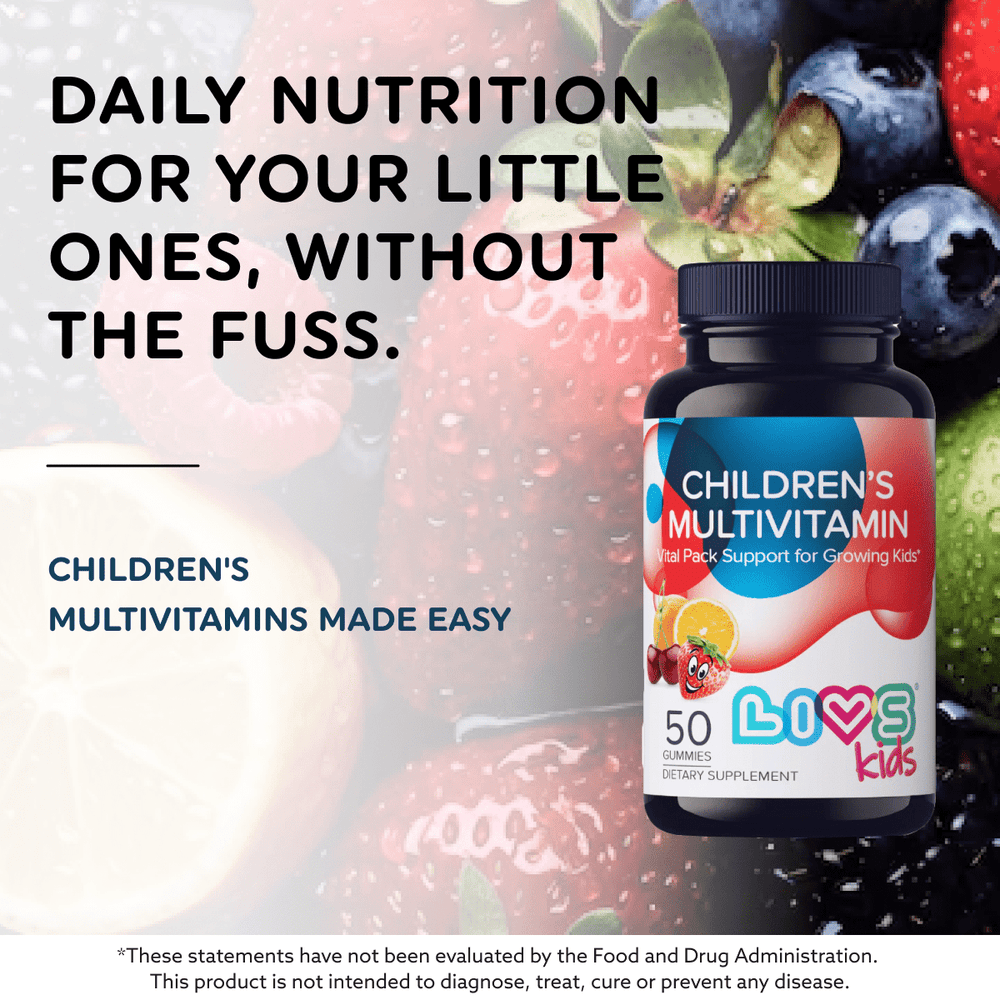 Children's multivitamin bottle with colorful gummies for kids' health and nutrition.