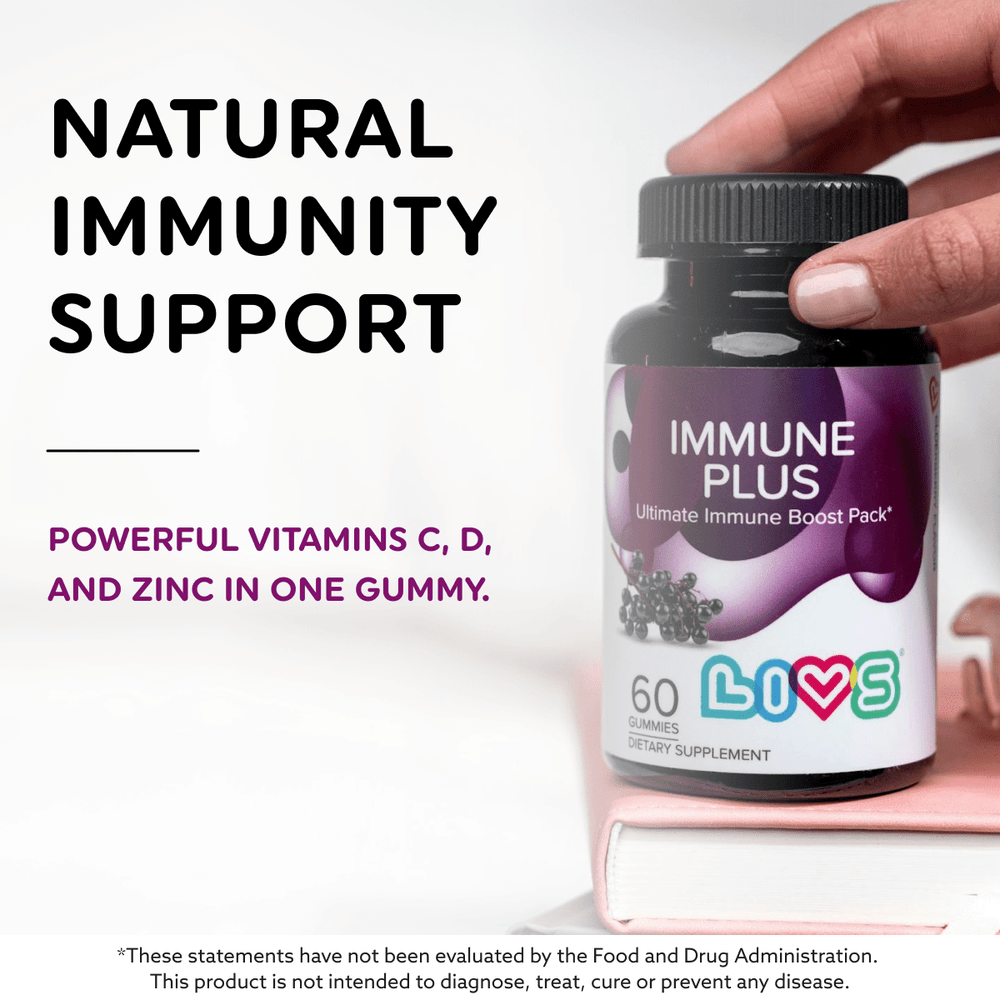 Immune Plus Gummies with elderberry for kids' health support, featuring a colorful packaging design.