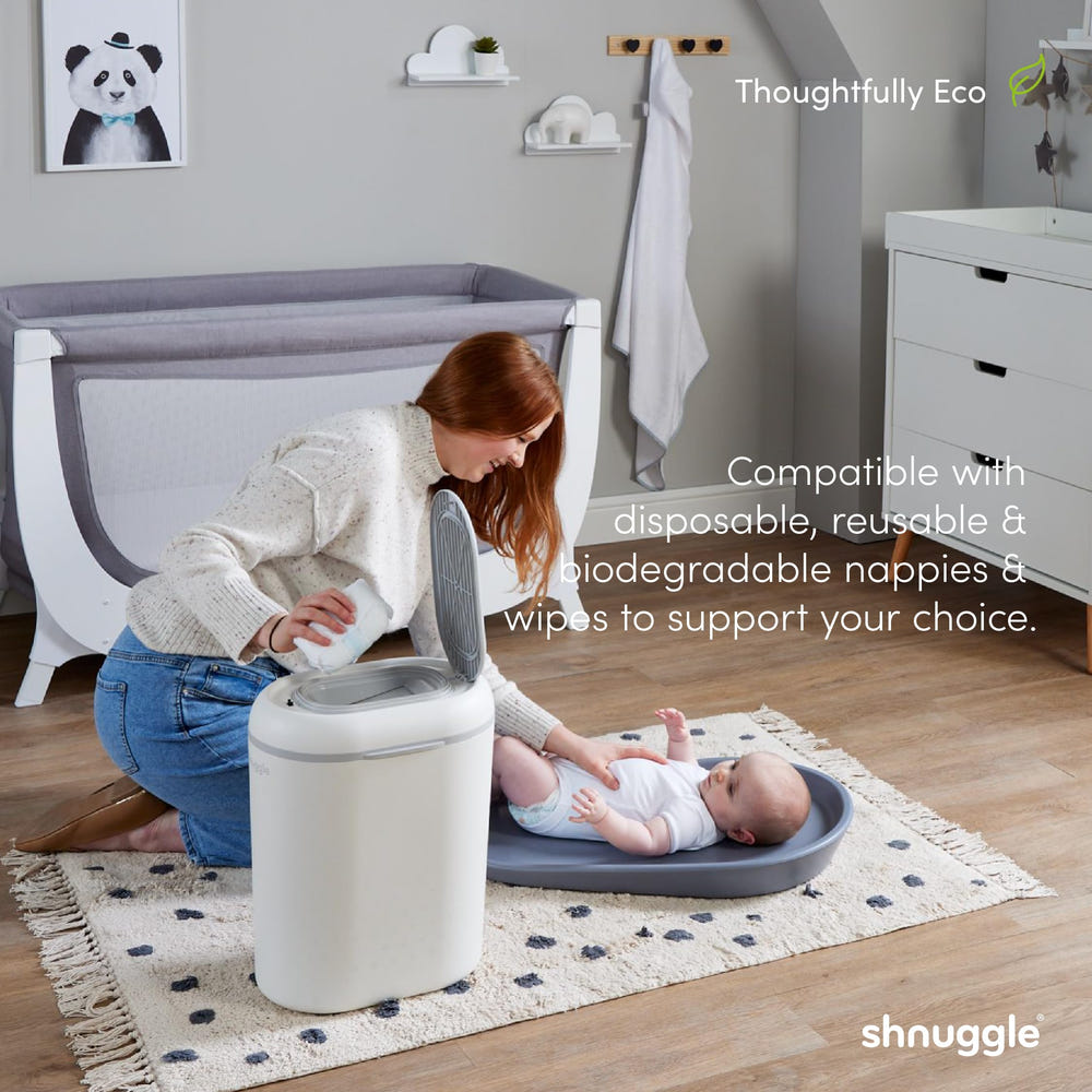 Shnuggle Eco-Touch Nappy Bin Diaper Pail for eco-friendly diaper disposal and odor control.