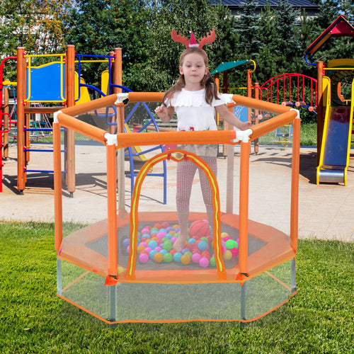 55'' toddlers trampoline with safety net and balls, perfect for indoor and outdoor fun for kids. Angle view.