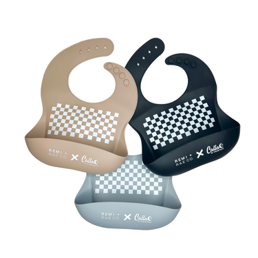 RRCO x C&F Checked Out Catch All Silicone Bib in stylish checkered design for easy feeding and mess-free mealtime.