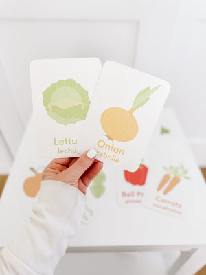 "Colorful vegetable flashcards for babies, promoting learning and fun in a playful furniture setting."