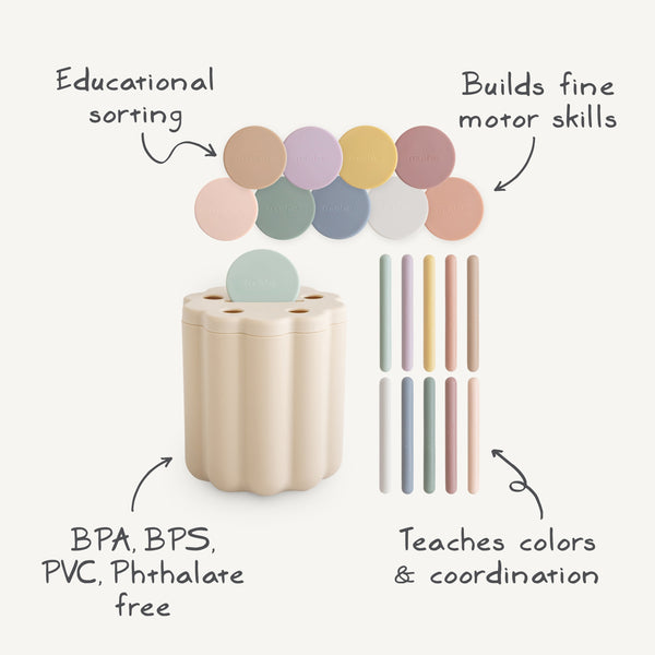 Baby Coin & Tube Sorting Set at angle 2, colorful learning toy for developing fine motor skills and hand-eye coordination.