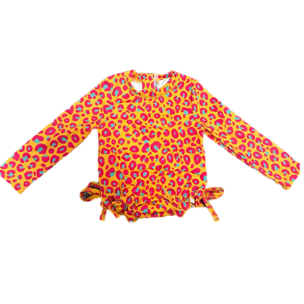 Wild leopard rash guard swimsuit for babies, perfect for sun protection and fun in the water.