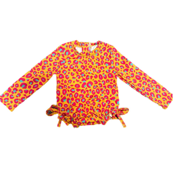 Wild leopard rash guard swimsuit for babies, perfect for fun in the sun and water play. Angle 2 view.
