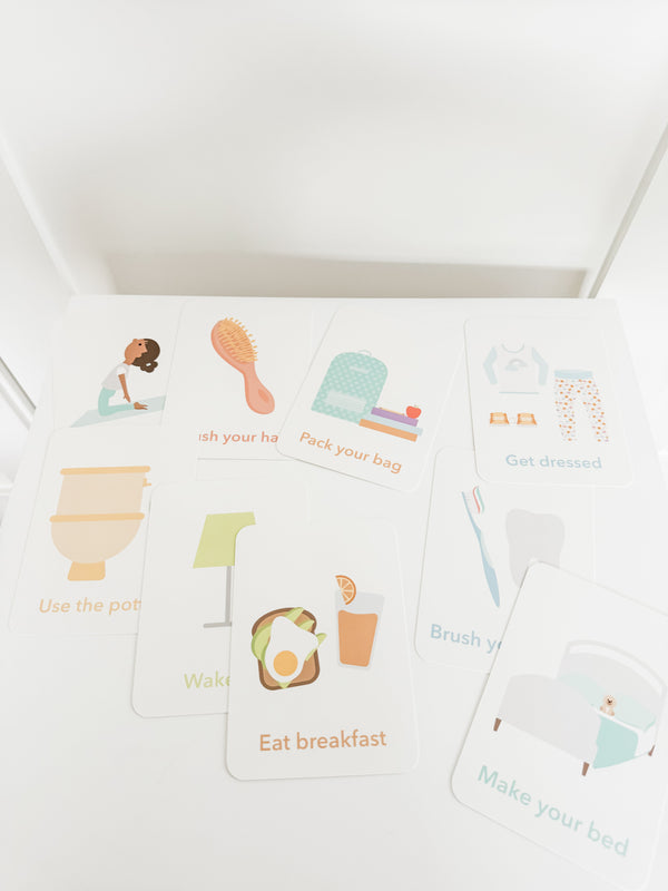 "Routines Flashcards Bundle for babies, enhancing sleep and bedtime routines, displayed at an angle."