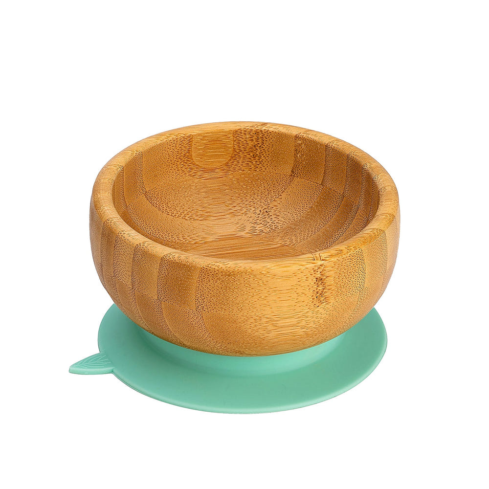 Bamboo bowl with suction base for babies, perfect for mealtime without spills.