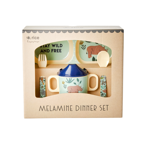 Melamine Baby Dinner Set in Gift Box - Blue Jungle Animals Print - 4 pcs.