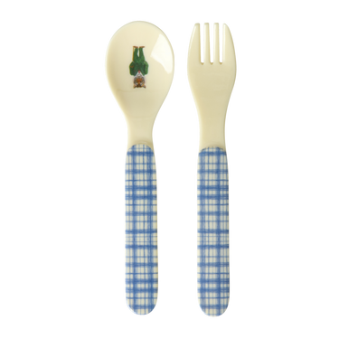 Blue baby spoon and fork set with Nathalie Lété print, perfect feeding utensils for little ones.