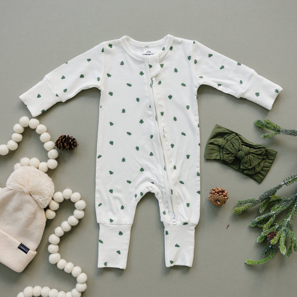Tiny Trees Ribbed Bamboo Zippy Pajamas for babies, cozy sleepwear in soft bamboo fabric, angle view 8.