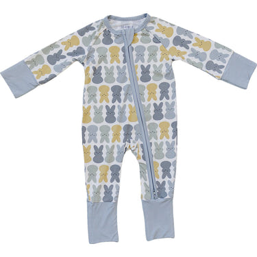 Dusty blue peep bamboo zipper pajamas for babies, soft and stylish sleepwear in a cozy design.