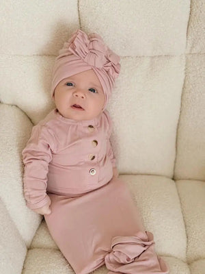 Newborn Knotted Gown and 3 Bow Turban Hat - Dusty Rose