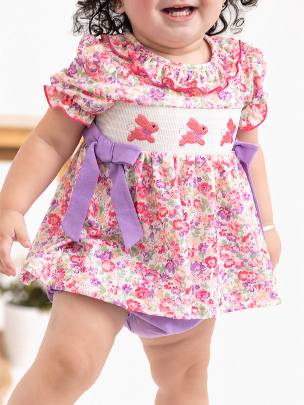 Easter Colorful Floral Bunny Embroidery Bow Ruffle Girl Bloomer Set