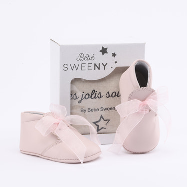 Baby Girls Pink Leather Pre-Walker Shoes | Organza Ribbon - MOOGCO Baby