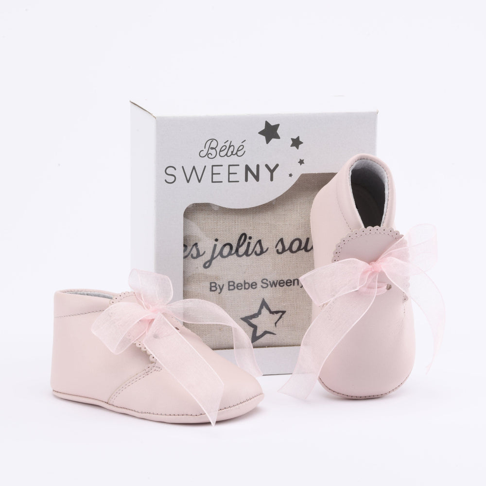 Baby Girls Pink Leather Pre-Walker Shoes | Organza Ribbon